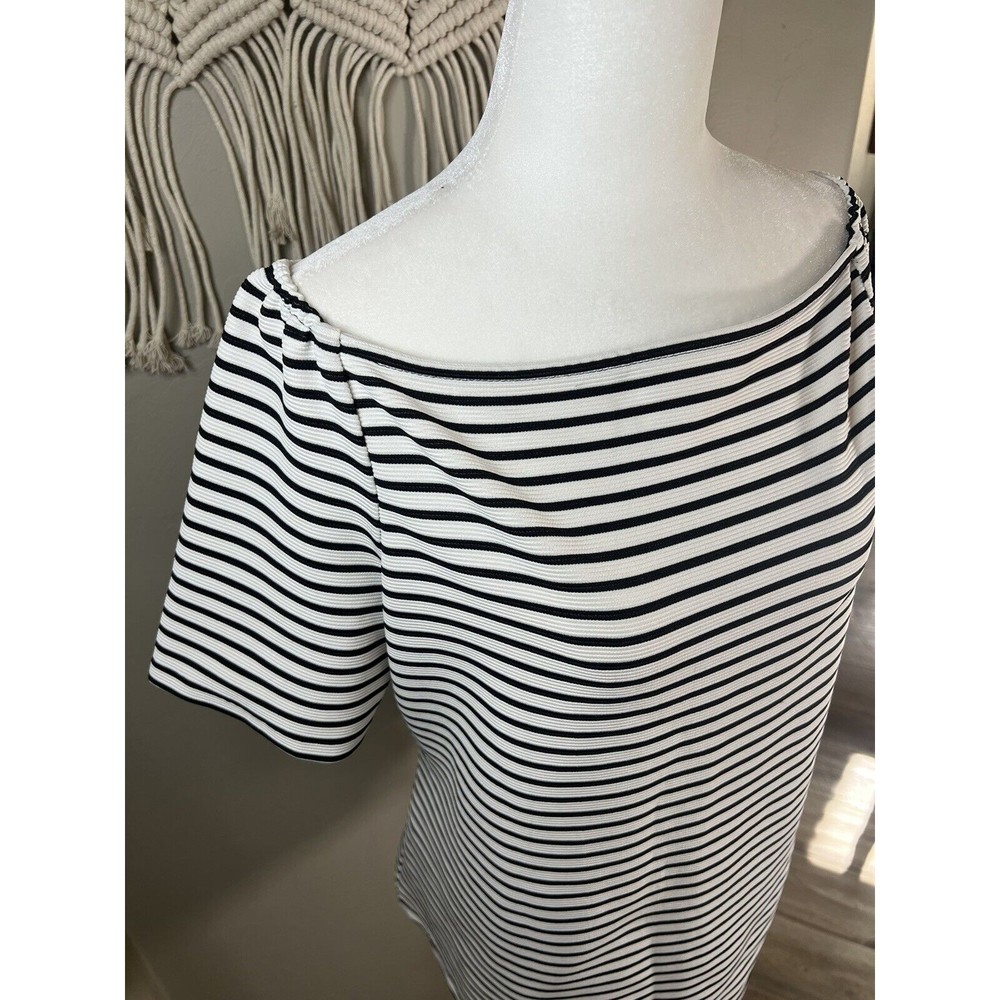 Halogen Womens Top Sz XL Black White Striped Short Sleeve Off Shoulder Boat Neck